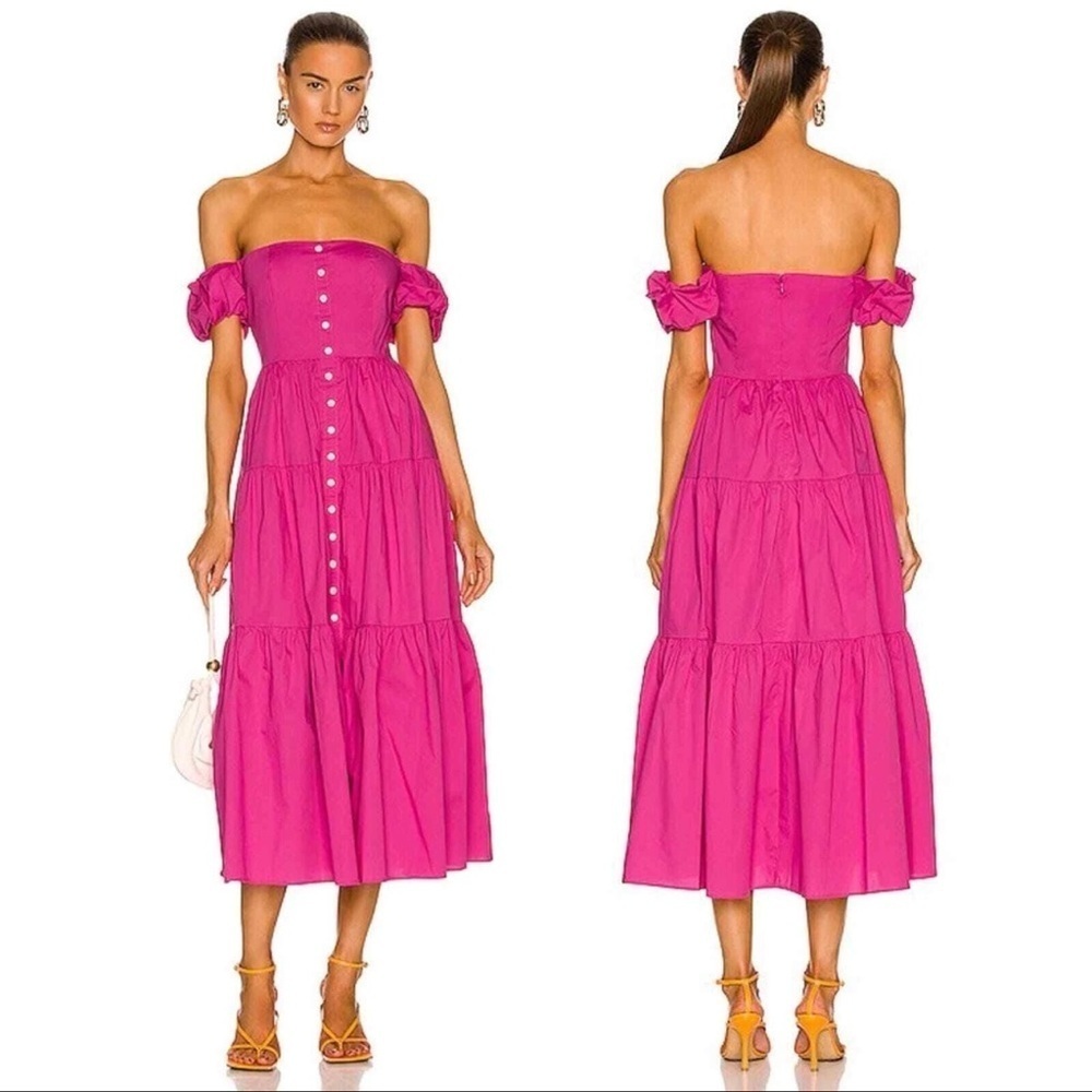 NWOT Staud Elio Puff-Sleeve Prairie button down midi pink dress sz 10